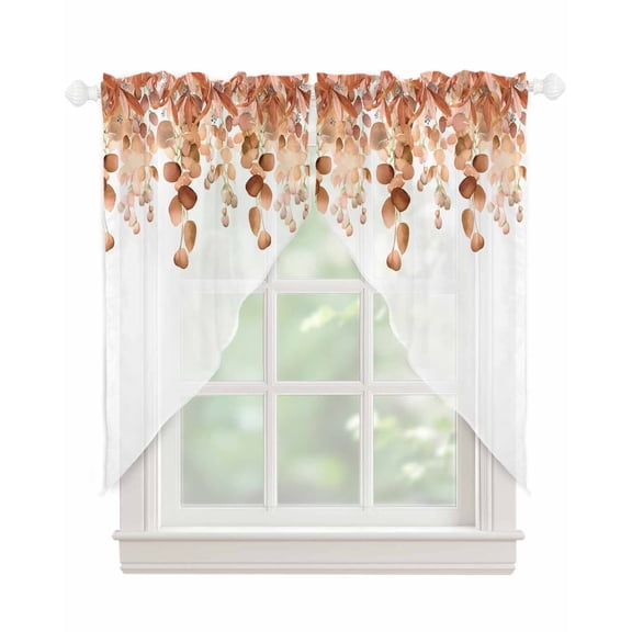 Burnt Orange Botanical Swag Valances for Windows, Eucalyptus Leaves Pastoral Floral Rod Pocket Sheer Valances for Windows, Swag Toppers Light Filtering for Kitchen Living Room 2 Panels 36''x63''