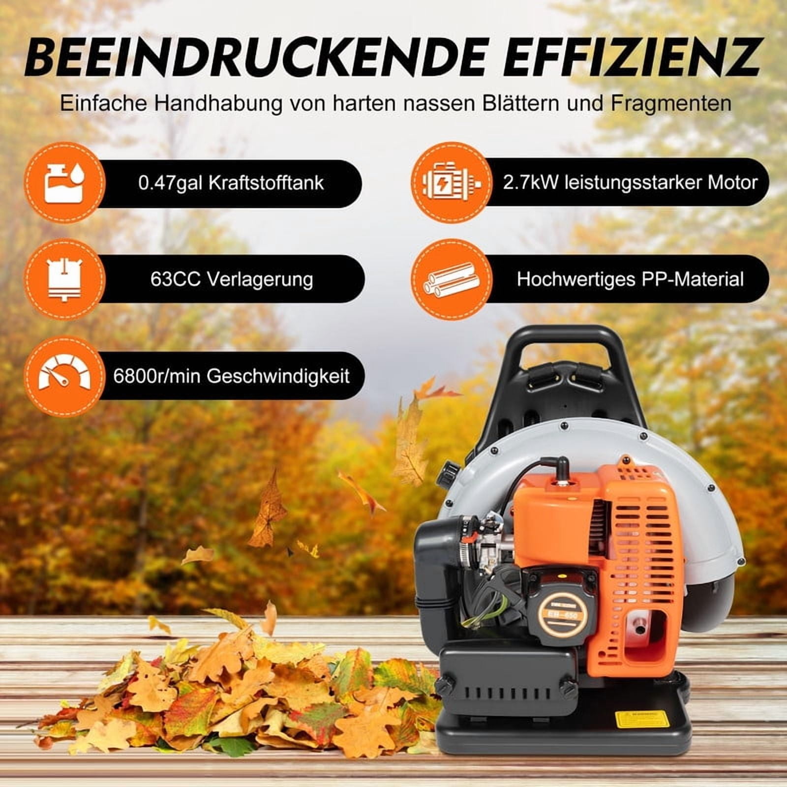 Leaf Blower Backpack, 63CC Gas Powered Strong Air Flow 665 CFM 205 MPH , Ideal for Leaf, Sand, Gravel, Snow, Yard and Driveway