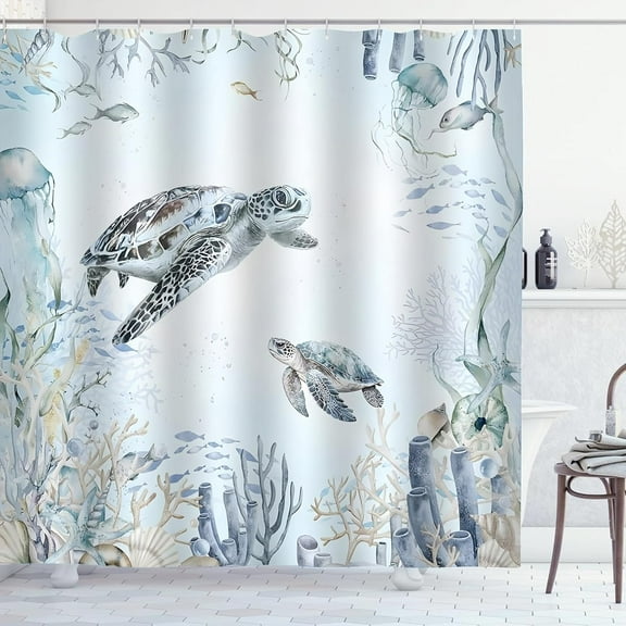Coastal Turtle Shower Curtain Fish Coral Starfish Seashell Blue Ocean Beach Shower Curtain for Bathroom Waterproof Polyester Fabric Bathroom Curtain 72 x 72 Inch with 12 Hooks