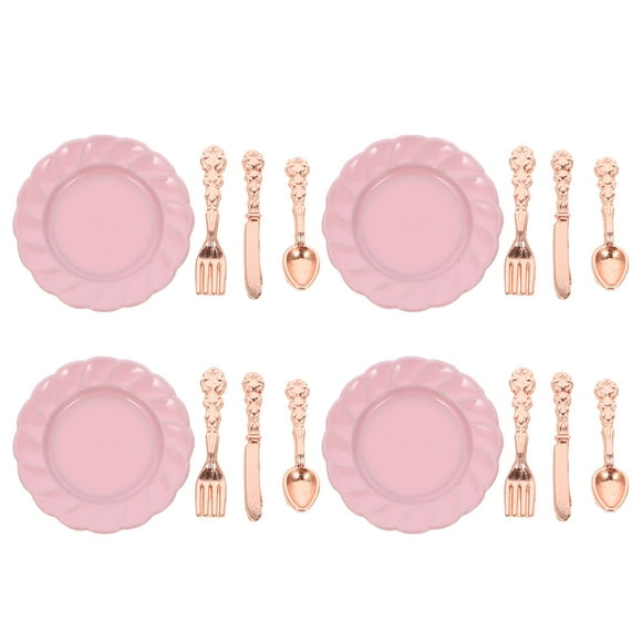 MasteelfCA 4 Sets Miniatures Plates With 12Pcs Forks Spoons Tableware Set Kitchen Accessories Decoration Rose Golden