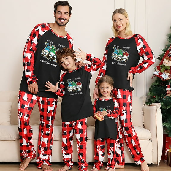 Red Plaid Gnome Matching Family Christmas Pajamas Matching With Dog Funny Saying “It’s Fine. We’re Fine. Everything Is Fine"
