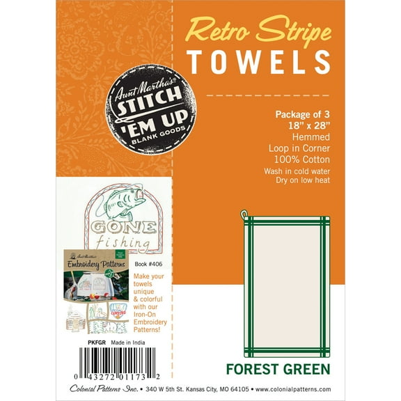 Aunt Martha's Towel Retro Stripe Forest Grn 3pc