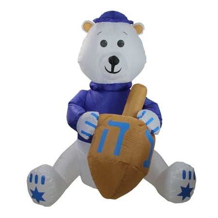 48" Blue and White Inflatable Pre-Lit Outdoor Hanukkah Bear Dreidel