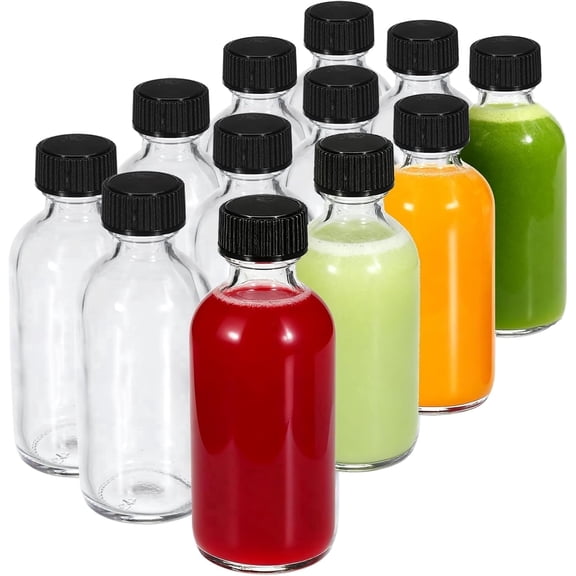12-Pack 2 oz (60ml) Small Glass Boston Round Bottles with Lids, Leakproof Mini Glass Bottles for Juicing, Smoothies, Shot & Homemade Drinks