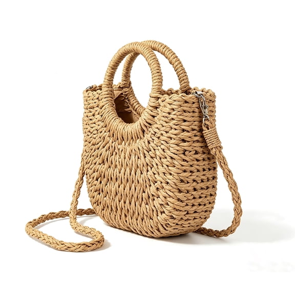 Handwoven Straw Beach Bag for Women, Small Boho Crossbody Purse with Top Handle & Wicker Shoulder Bag for Summer