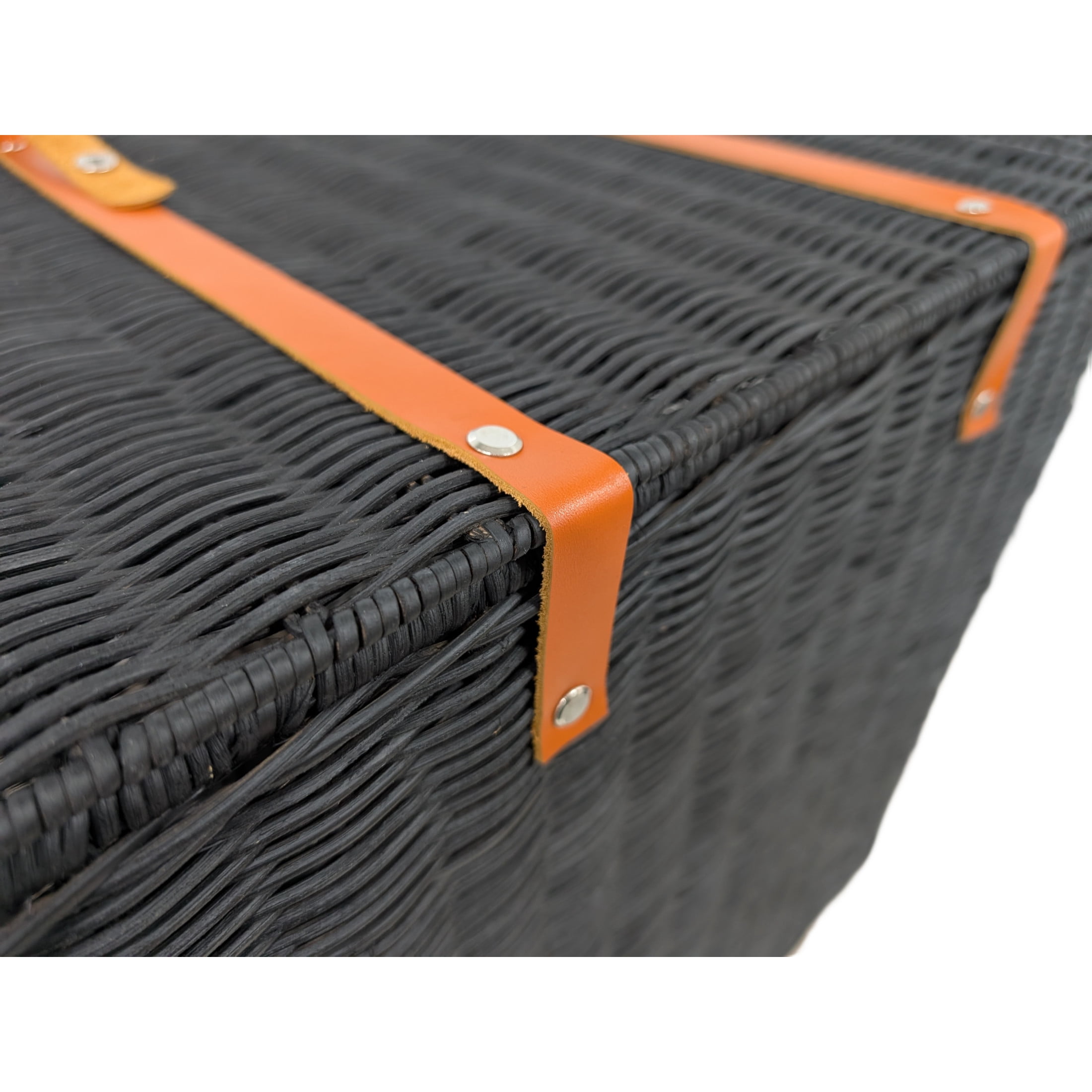 DecMode 20" x 21" Black Rattan Handmade Woven Storage Basket with Brown Leather Handles, 1-Piece