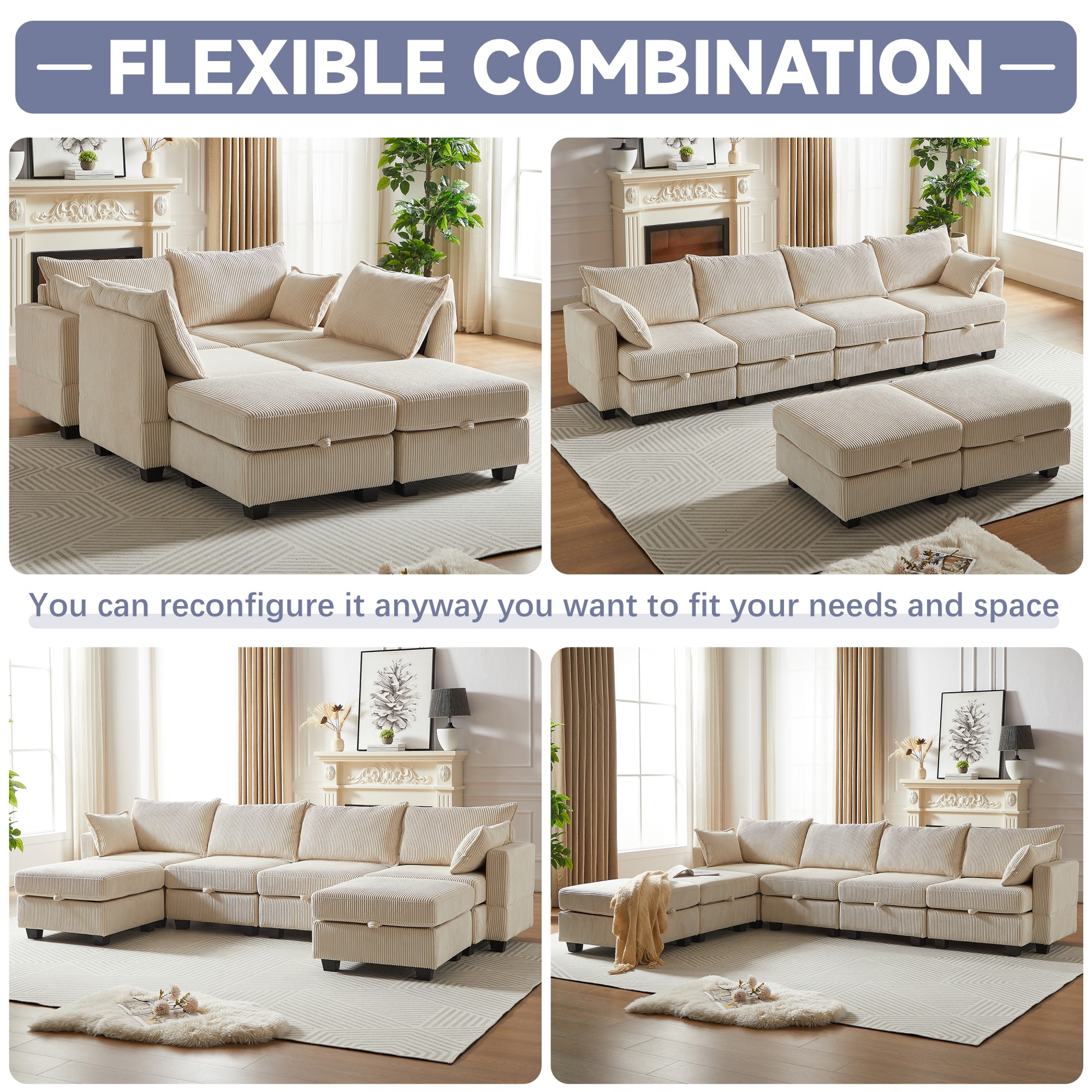 113.5'' Modular Sectiona Corduroy Sofa,Convertible U Shaped Sectional Couch with Storage Ottoman for Living Room,Beige
