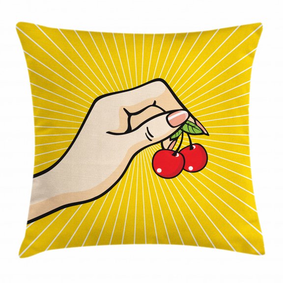Fruit Throw Pillow Cushion Cover, Retro Pop Art Hand Holding a Couple of Cherries Sketch Design on Yellow Background, Decorative Square Accent Pillow Case, 16 X 16 Inches, Multicolor, by Ambesonne