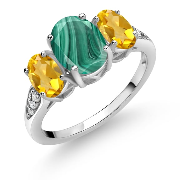 Gem Stone King 10K White Gold Green Malachite Yellow Citrine and White Lab Grown Diamond 3 Stone Engagement Ring for Women (2.94 Cttw, Gemstone Birthstone, Size 5)