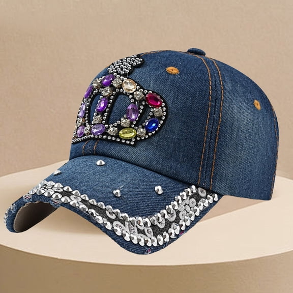Kelon Panel Studded Denim Baseball Hat, Unisex Sun Caps, Women Outdoor Visor Hat, Casual Stylish Sun Protection Headwear for Daily Outdoor Activities, One Size Baseball Caps