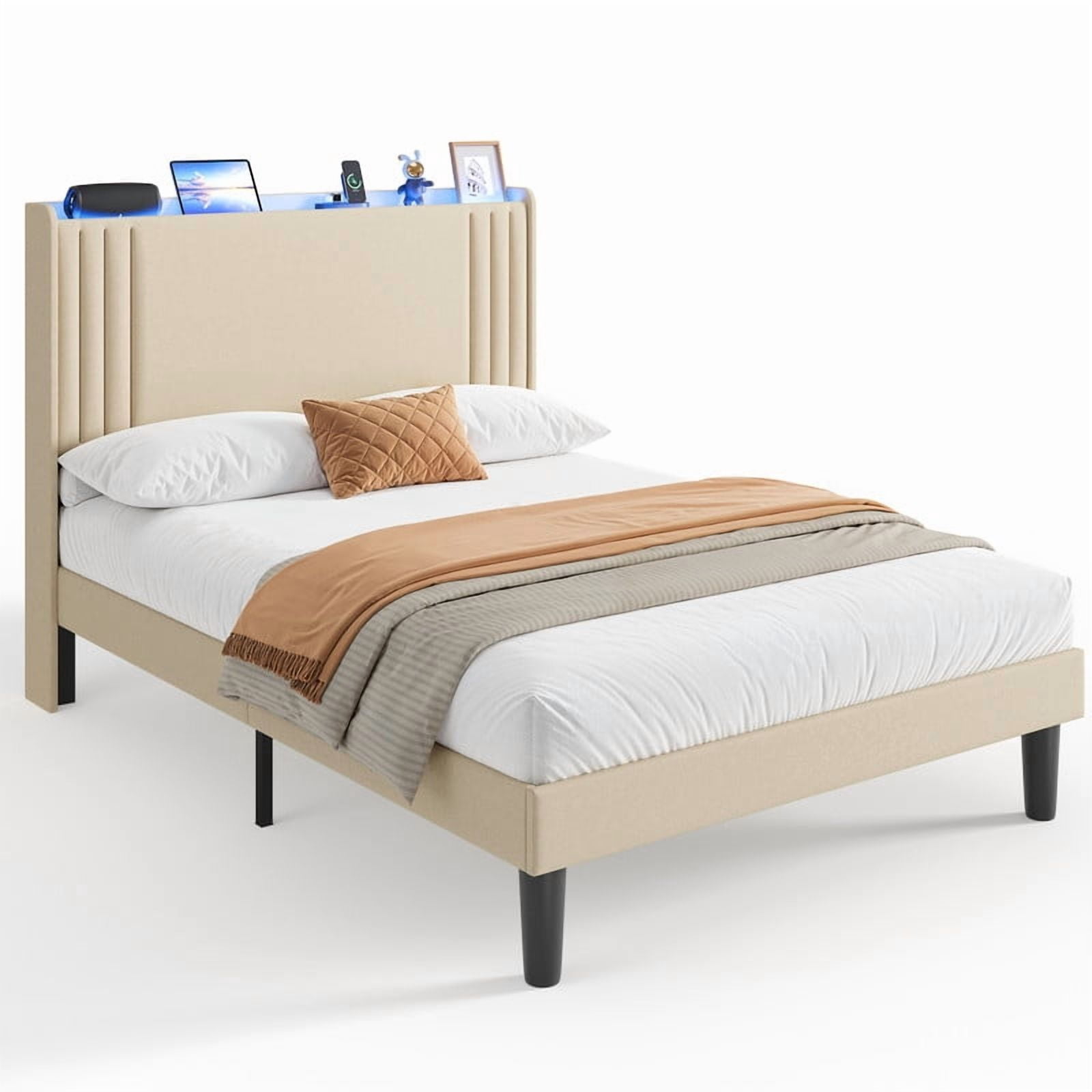Luxury Wingback Upholstered Platform Bed Frame, Noise-Free & Sturdy, No Box Spring Required, Full Size Bed Beige
