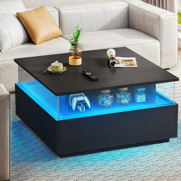Square LED Coffee Table with 4 Drawers, Acrylic Living Room Table with Storage Shelf, Black