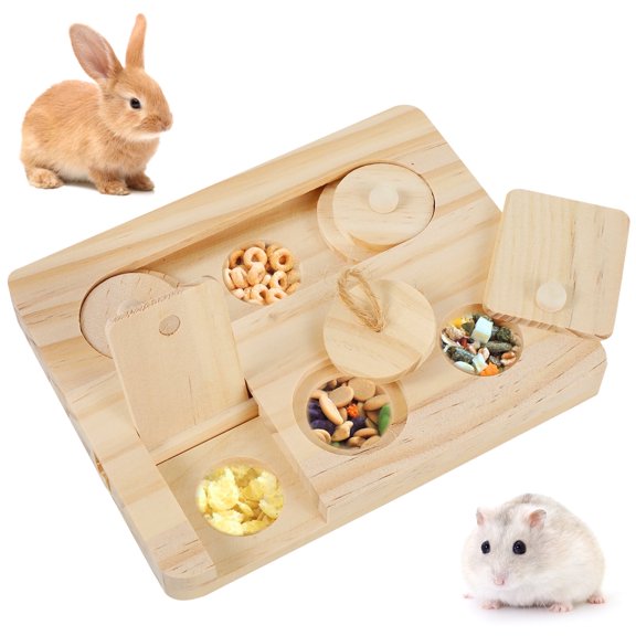Thren Wooden Hamsters Foraging Toy Rabbit Puzzle Toy with 6 Food Holes Interactive Treat Dispenser Toy for Rabbits Bunny Rats,7" x 5.5" x 0.79"