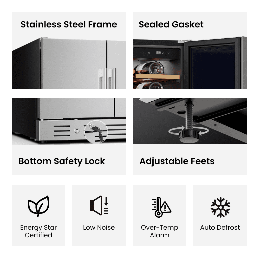 Yeego 24" Built-in Beverage Cooler, Dual Zone 116L/4.1Cuft, 20 Bottles & 60 Cans, Outdoor Rated 304 Stainless Steel Refrigerator with Adjustable Shelves, Lock, 34-65℉, for Home/Bar/Patio