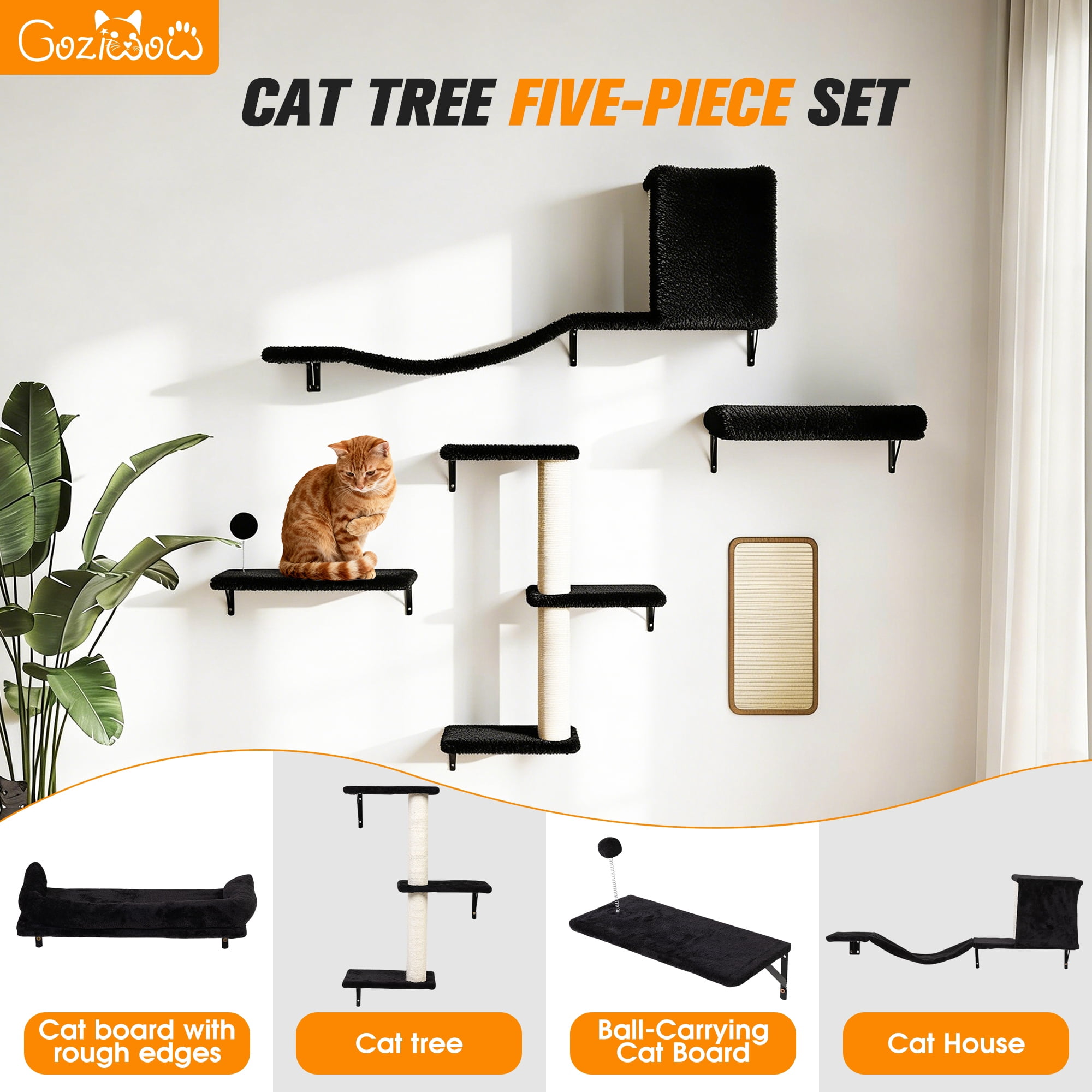 COZIWOW Wall Mounted Cat Furniture, Cat Wall Shelves and Perches, Floating Cat Shelves for Wall Set of 5, BBlack