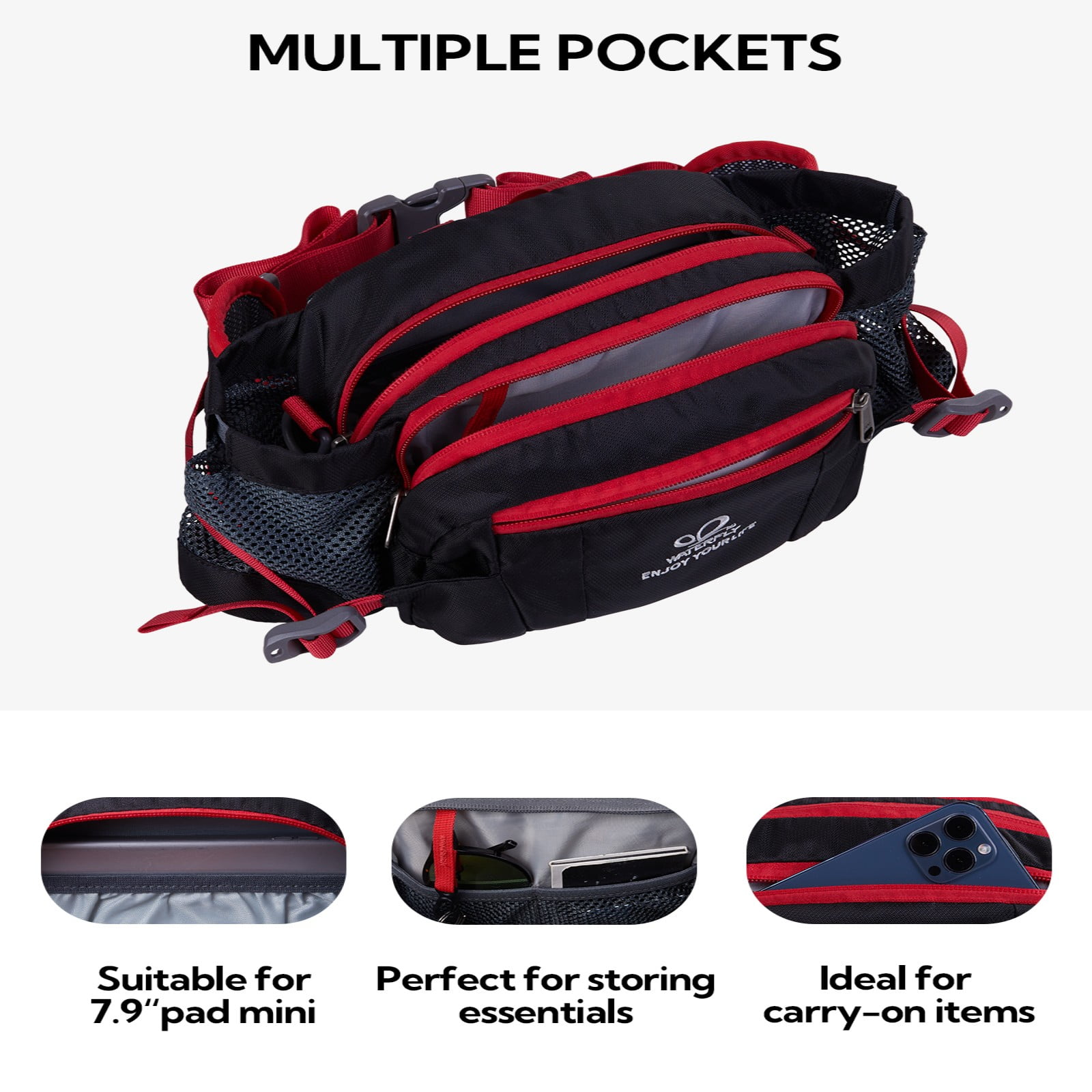 WATERFLY Unisex Large Capacity Hiking with Bottle Holder Nylon Fanny Pack Waist Bag,Black Red
