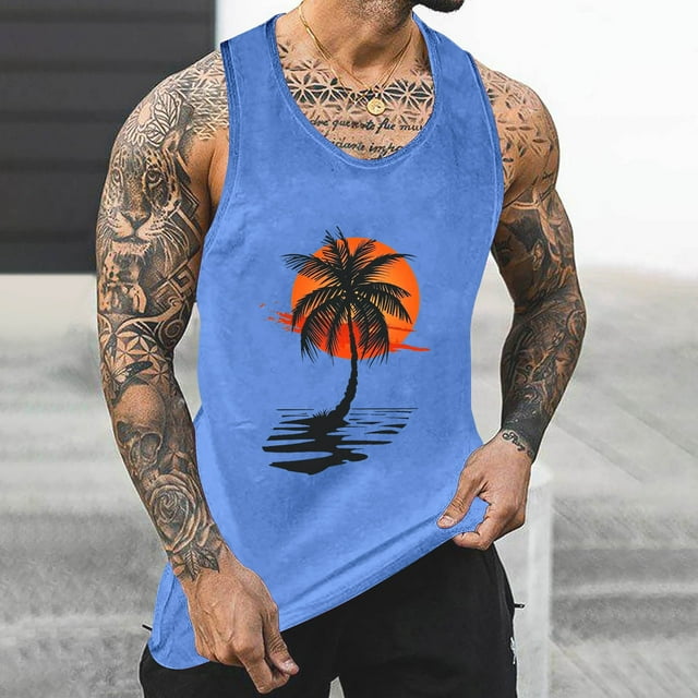Tanks for Men, Mens Tank Colorless Gradient Printing Round Neck Thin Strap Leakage Back Regular Casual Sports Tank Blouses