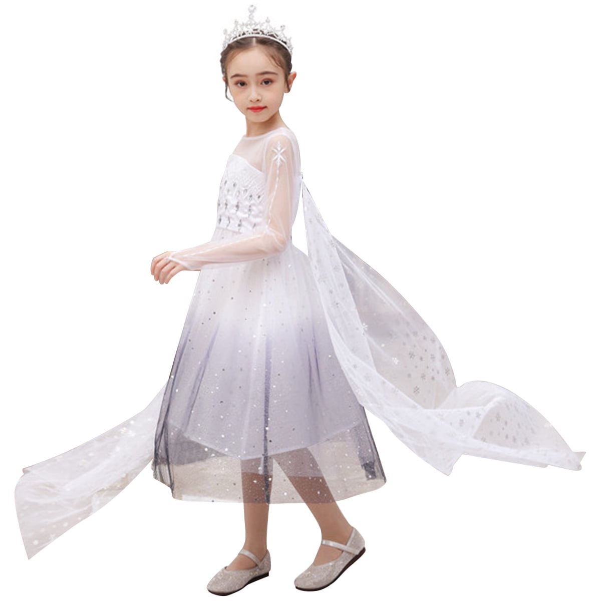 Elsa 2 White Princess Dress Long Sleeve Pageant Maxi Dress Party Costume 