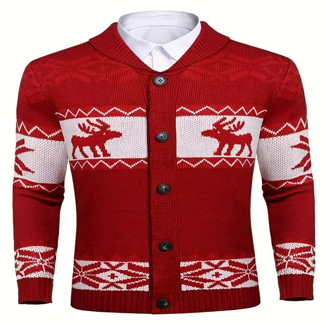 Cardigans de Noël pour Hommes Chandails Laids Renne Flocon de Neige Col Châle Cardigan Tricoté Chandail