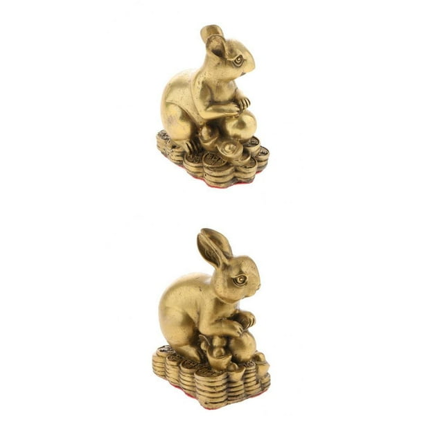 Estatua de conejo de latón chino Fengshui 2 piezas Gloria Ornamento animal del zodiaco chino