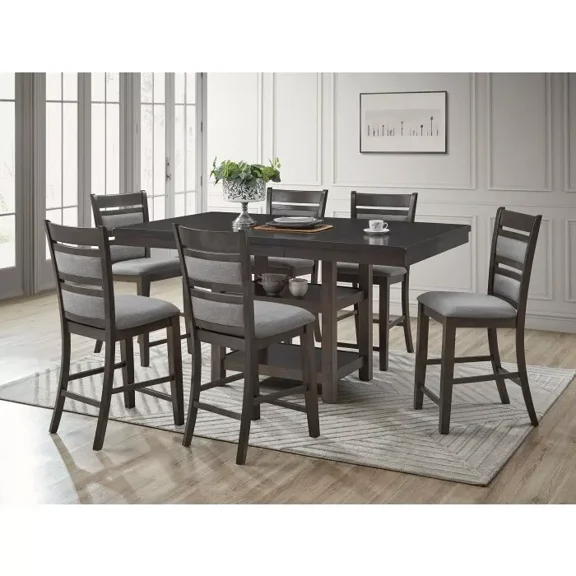 7PC Counter Dining Set, Wooden Dining Table w/ Butterfly Leaf, Storage Shelf, Dining Chair Set, Gray