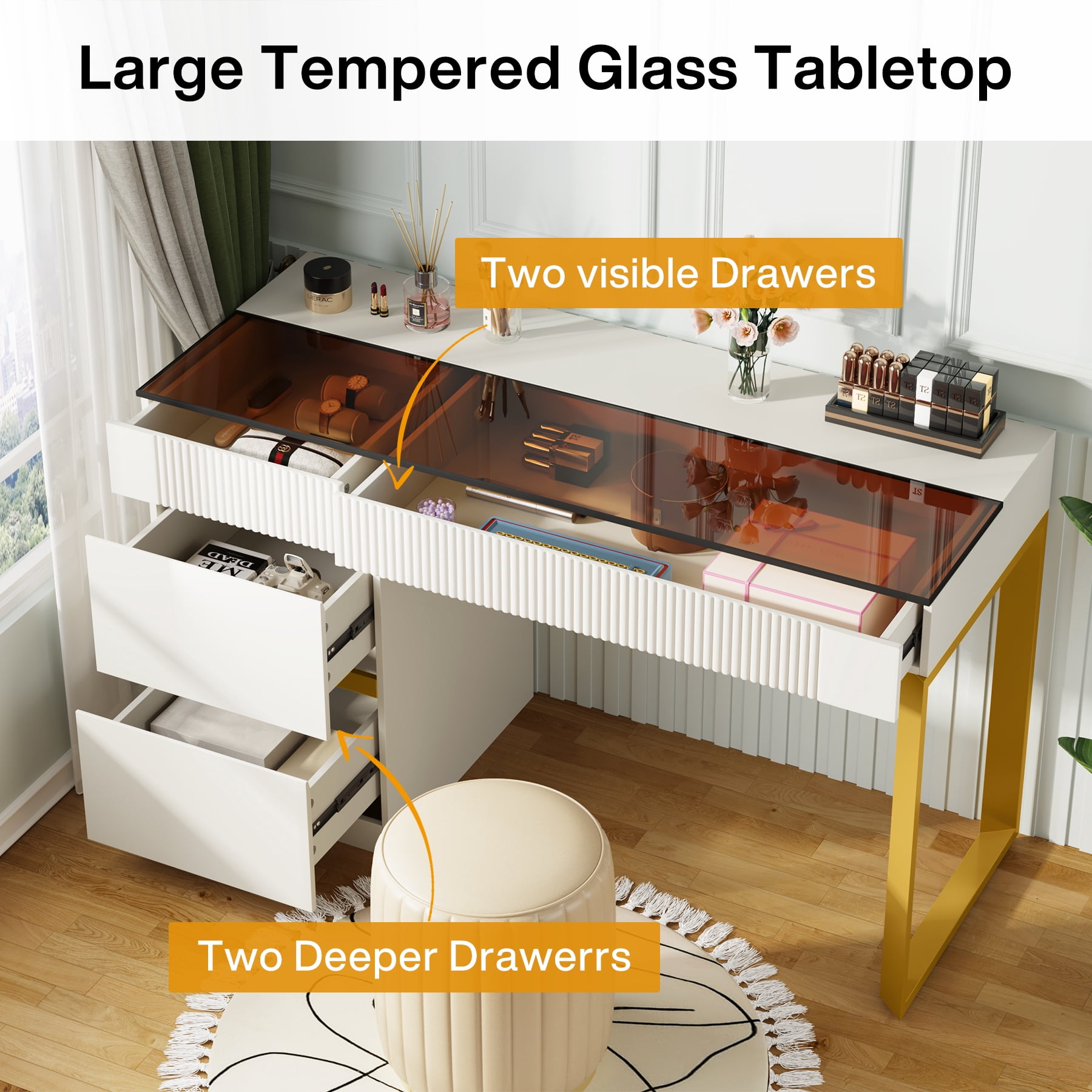 Tribesigns Modern Writing Desk Computer Desk with 4 Drawers, Makeup Vanity Desk with Visual Glass Top for Home Office