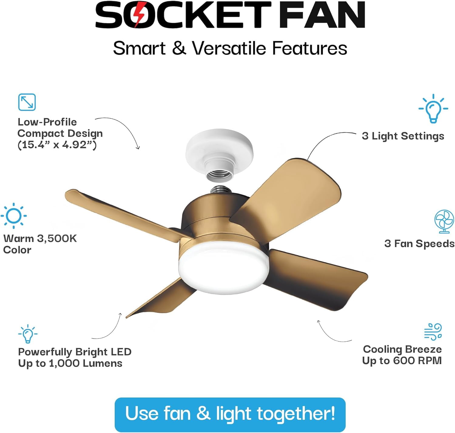 Bell+Howell 15'' Bronze LED Bulb E26 Screw Base Bedroom Socket Ceiling Fan with Remote Control
