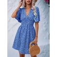 thumbnail image 5 of Women Summer Casual Floral Print Short Flutter Sleeve Mini Dress Casual Sundress V Neck Sun Dresses Blue M, 5 of 9