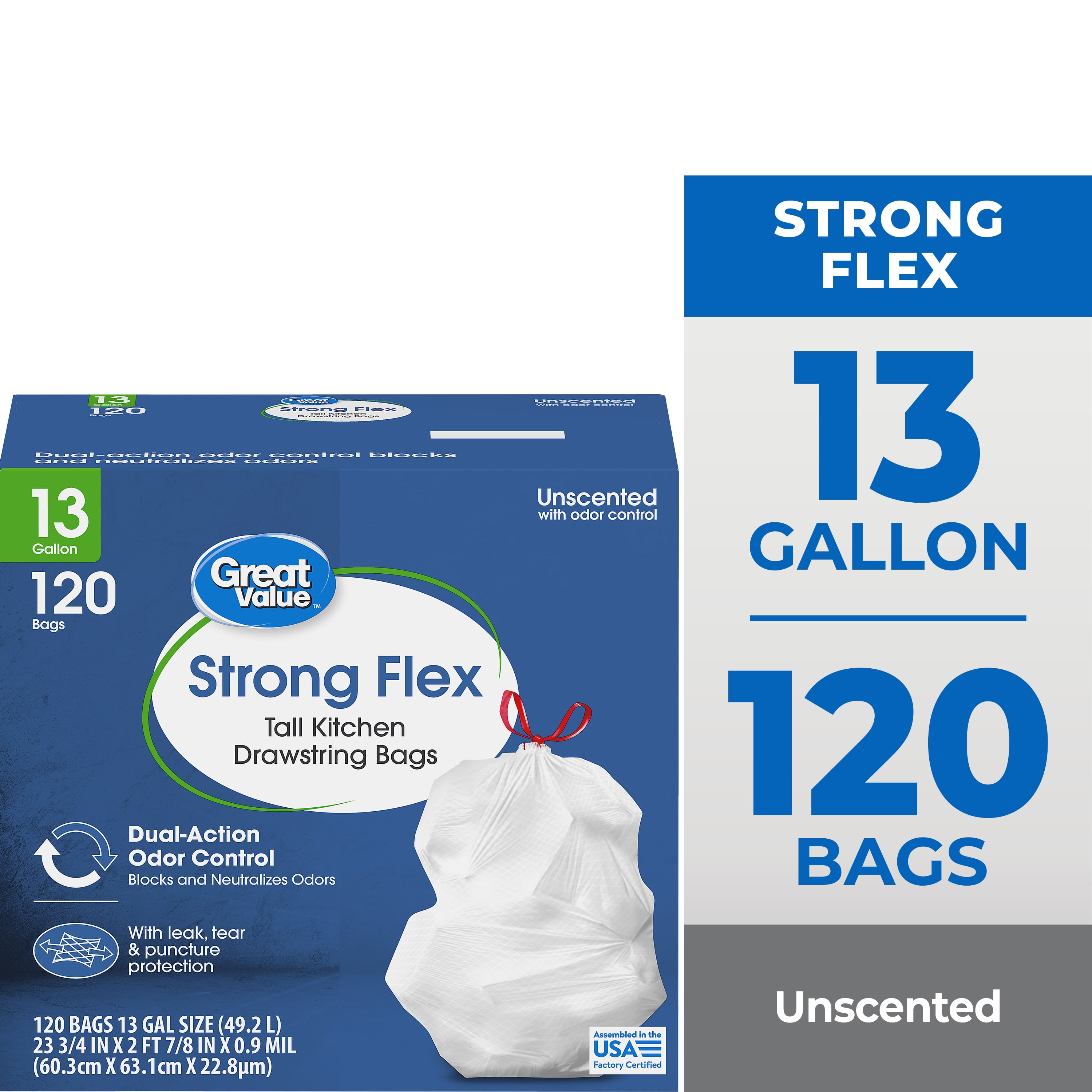 (2 pack) Great Value Strong Flex 13 gal Tall Kitchen Drawstring Trash Bags, Unscented, 120 Bags