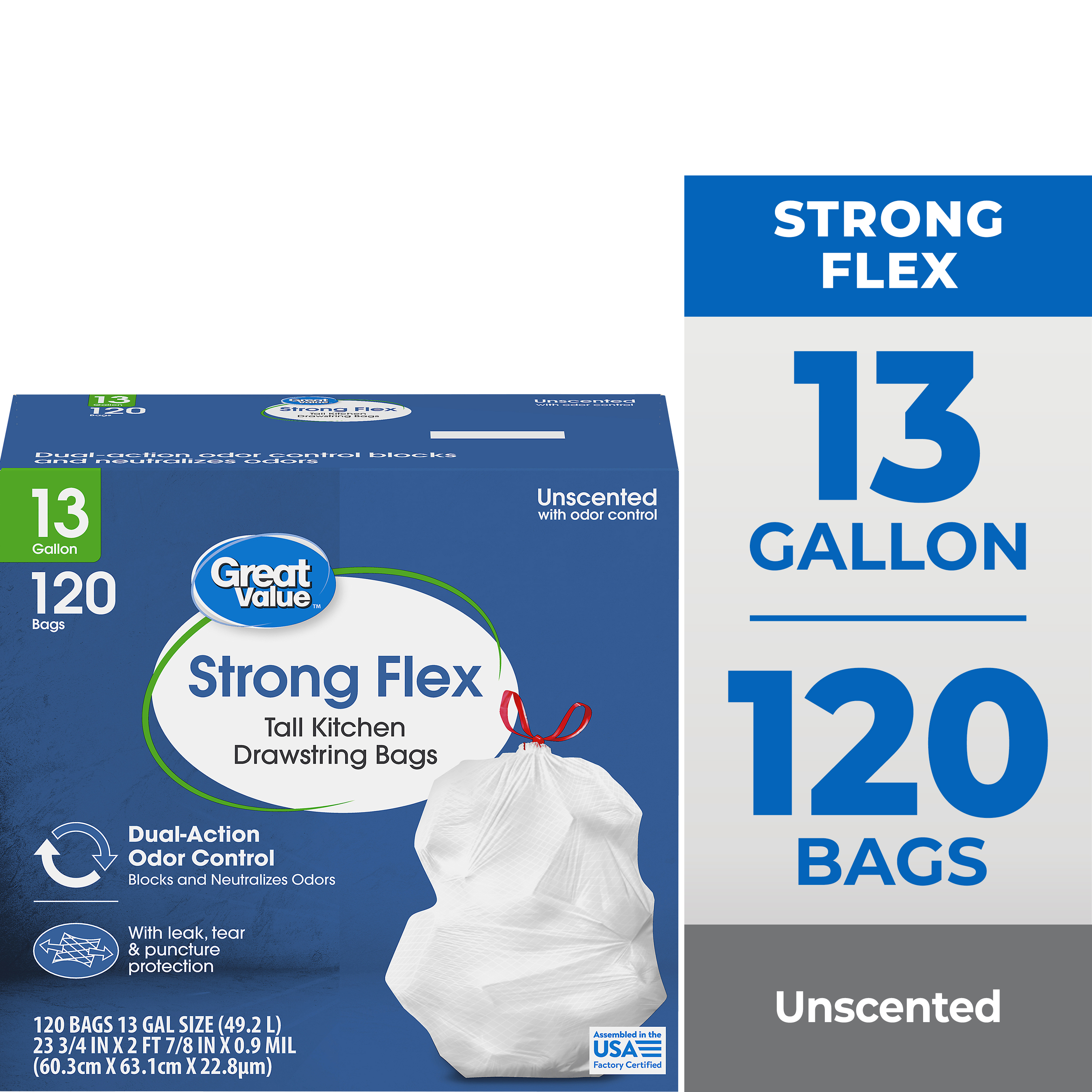 Great Value Strong Flex 13 Gal Tall Kitchen Drawstring Trash Bags, 120 Count photo 1