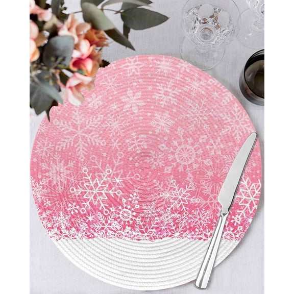 15 Inch Round Placemats Set of 4, Pink Snowflakes Christmas Non Slip Heat Insulation PP Table Mats, Winter Holiday Xmas Snowflake Washable Place Mats for Kitchen Dining Party Table Decor