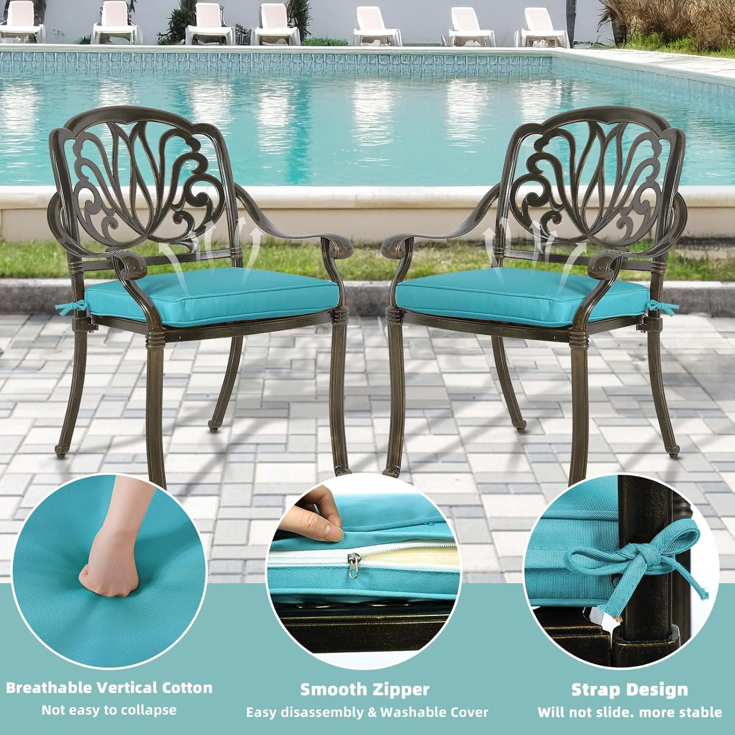 MEETWARM 5 Piece Outdoor Furniture Patio Dining Set, All-Weather Cast Aluminum Patio Table and Chairs Set- 4 Cushioned Chairs, 1 Round Dining Table with Umbrella Hole for Backyard, Ocean Blue