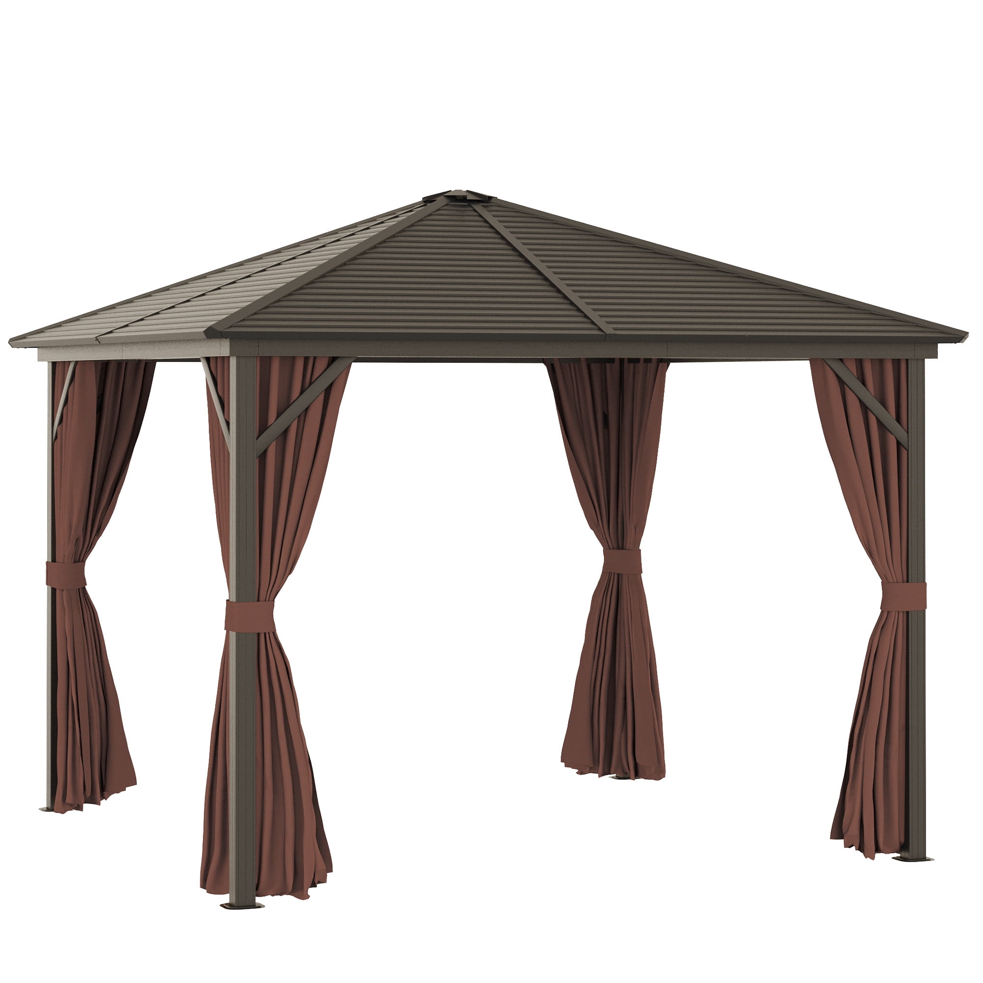 OutsunnyÂ 10' x 10'Â HardtopÂ Gazebo with Curtains and Netting, Permanent Pavilion Metal Roof Gazebo Canopy with Aluminum Frame, for Garden, Patio, Backyard, Deck, Dark Brown