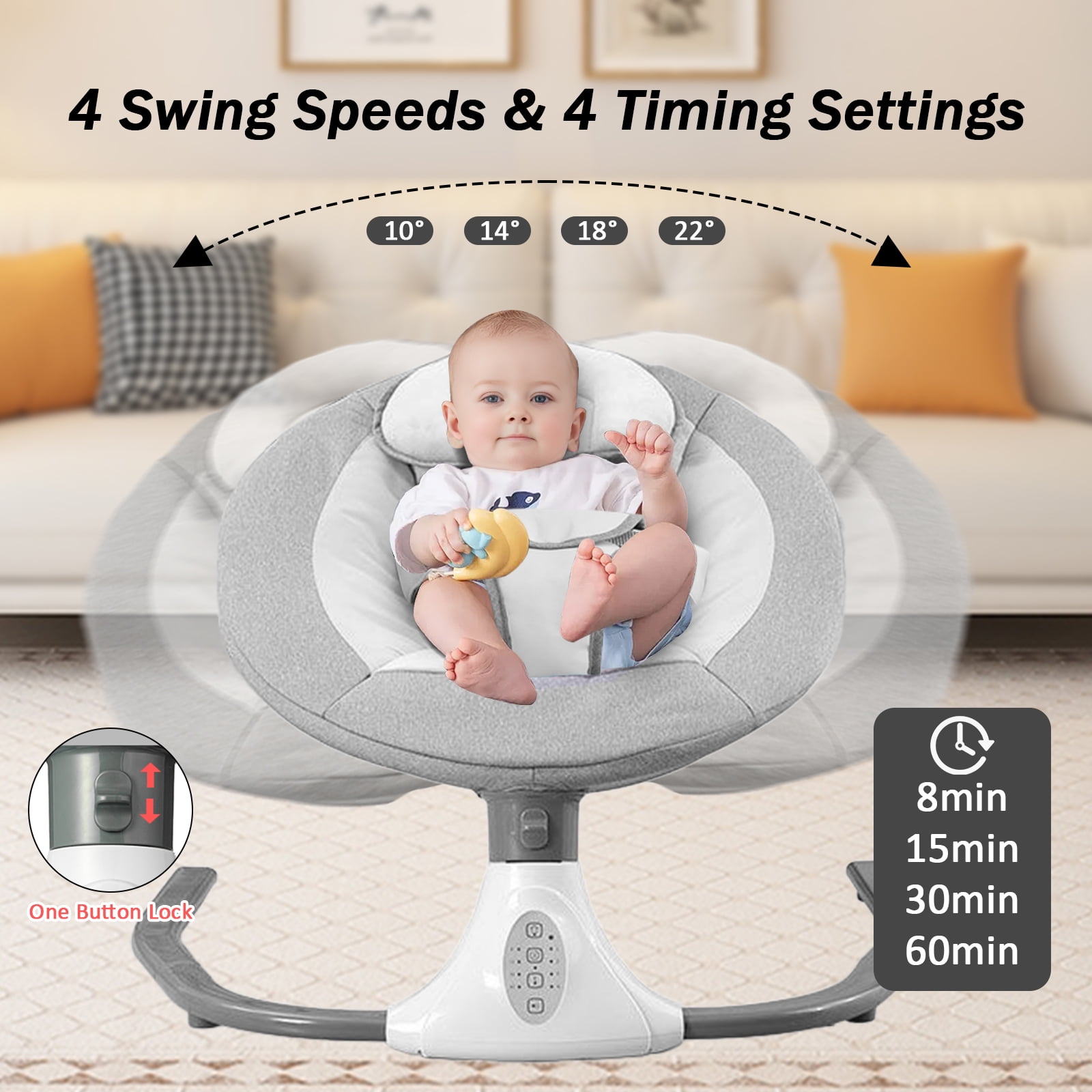 Electric Baby Swing for Infants - Bluetooth Music Speaker with 12 Lullabies and 4 Speeds, Remote Control, Gray