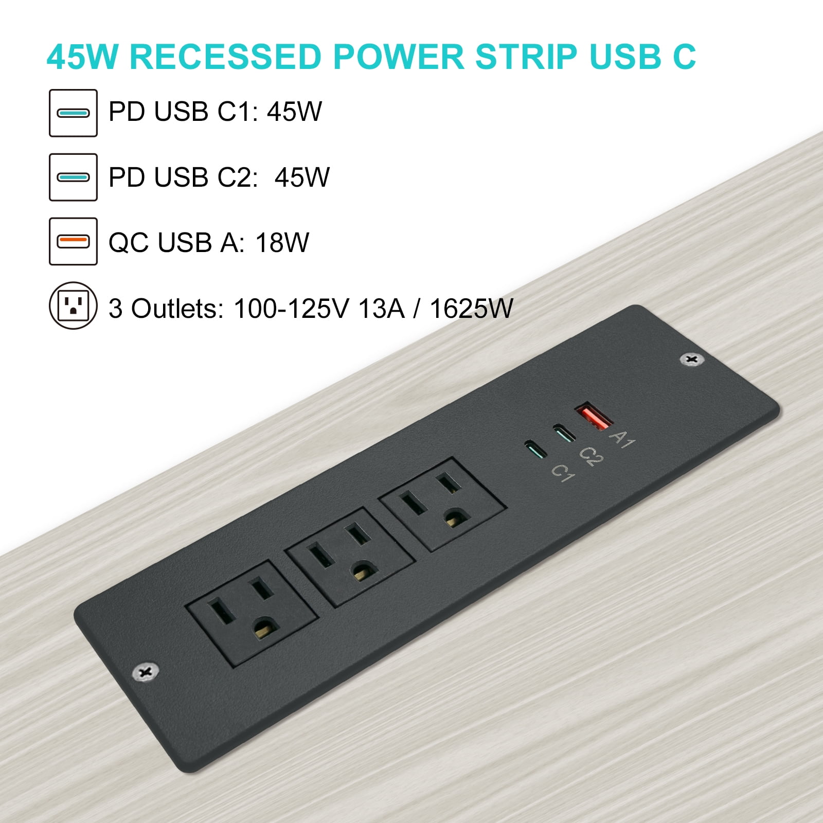 45W Recessed Power Strip USB C for Laptop,Flush Mount Desk Power Outlets 3 AC Outlets 3 USB Ports Flat Plug Extension Cord Built in Sofa Table Cabinet Nightstand Couch