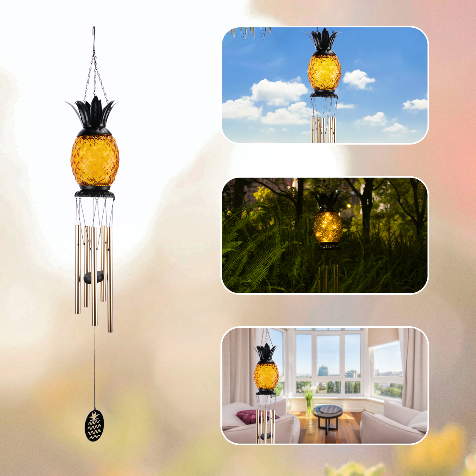 MUMTOP 40.5'' Outdoor Wind Chimes with Solar Powered LED Pineapple Light