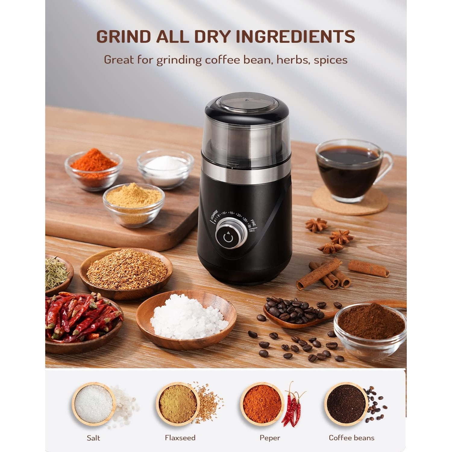 Electric Super Silent Blade Coffee Grinder, Timed Grind Control Rotary Knob, Adjustable Coarse to Fine for Coffee Beans, Spices & Herbs, with 1 Removable Stainless Steel Bowl, Black