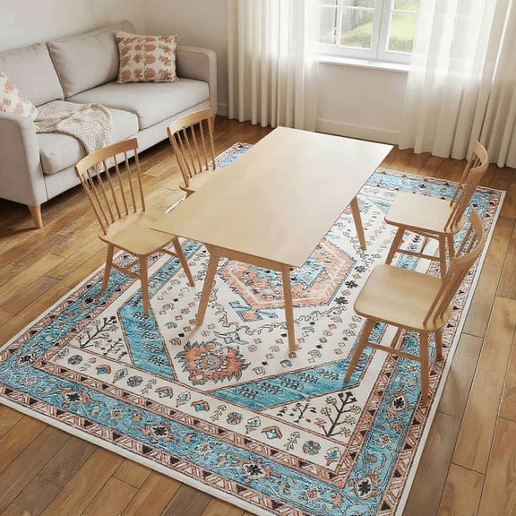 Spaco 8x10FT Area Rug, Vintage Machine Washable Rug, Non-Slip Floor Carpet for Indoor as Living Room, Bedroom, Brown and Blue