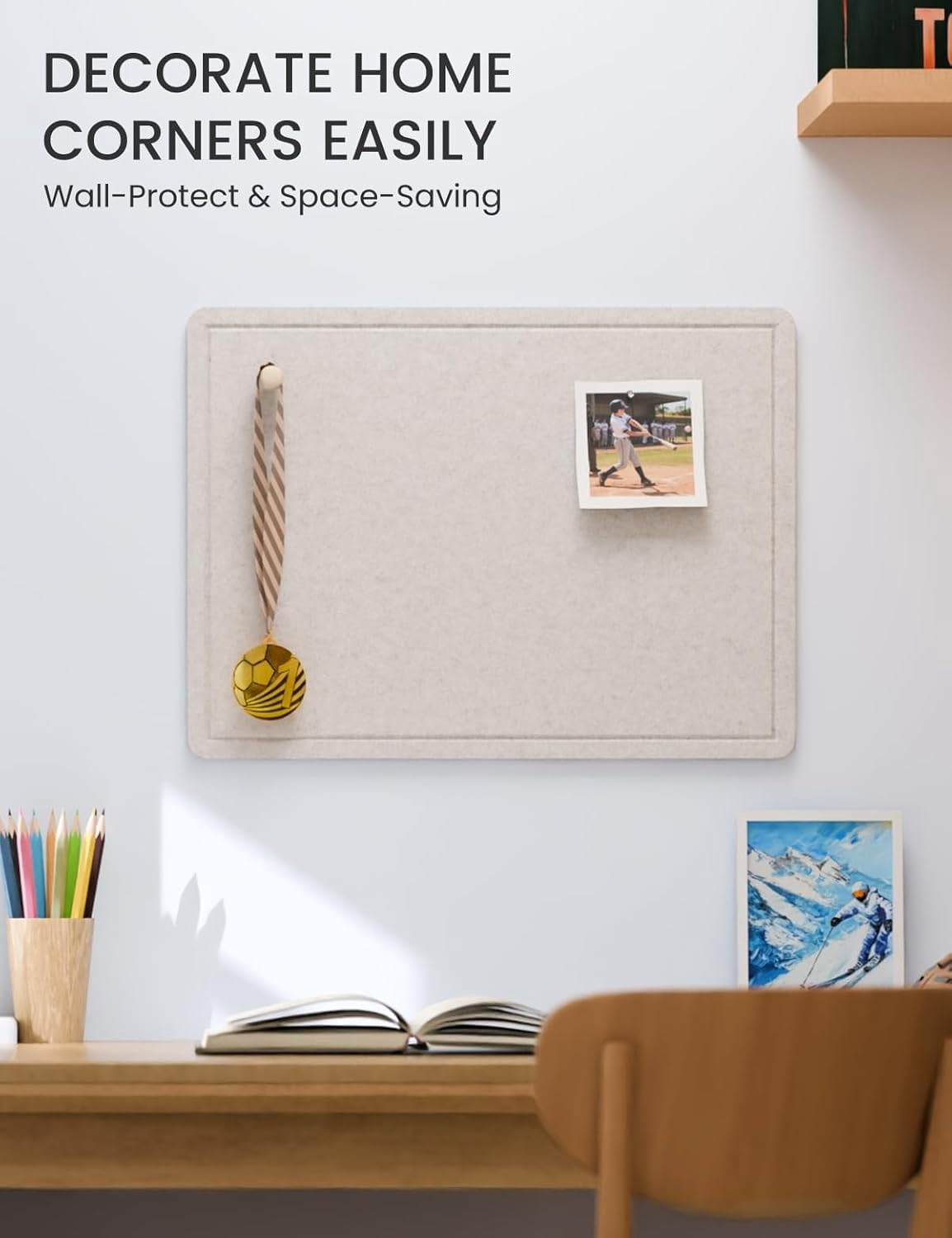Bulletin Board, 23.6" x 17.5" Cork Board Alternative with 12 Safe Removable Adhesive Tabs, Foldable Felt Pin Board for Home Office, Classroom, Bedroom,Entryway for Walls—Oatmeal