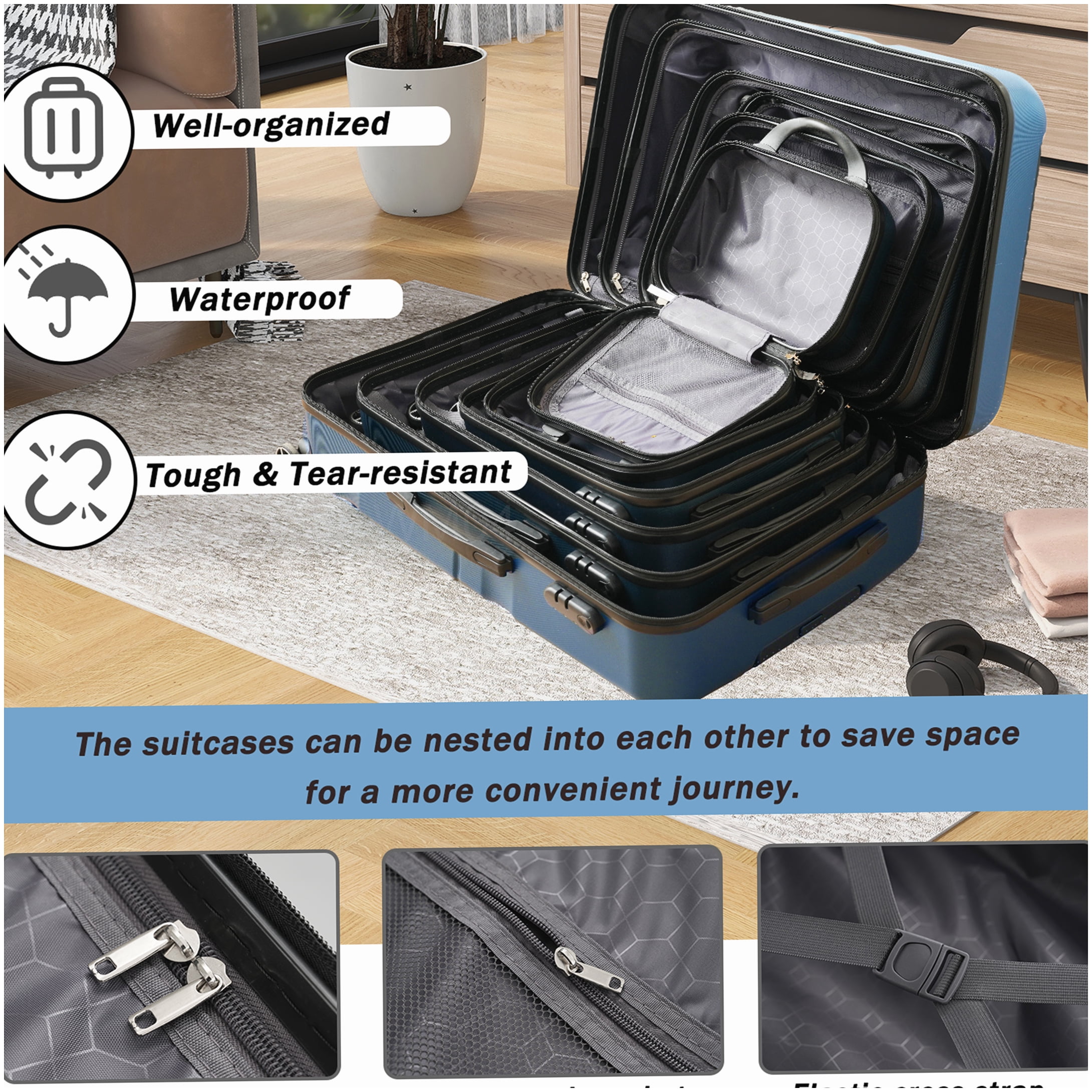 Lightweight ABS 6-Piece Hardshell Luggage Set with Spinner Wheels, Inky Blue Suitcases for Carry-On and Checked Use