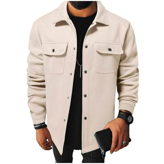 JSheng Men's Fashion Solid Color Coats Casual Long Sleeve Button Lapel Collar Cardigan Double Pockets Workwear Coat Beige L