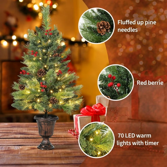 Historyli Tabletop Christmas Tree, 3Ft, Small, with 70 Warm White LEDs, with Pine Cones & Red Berries