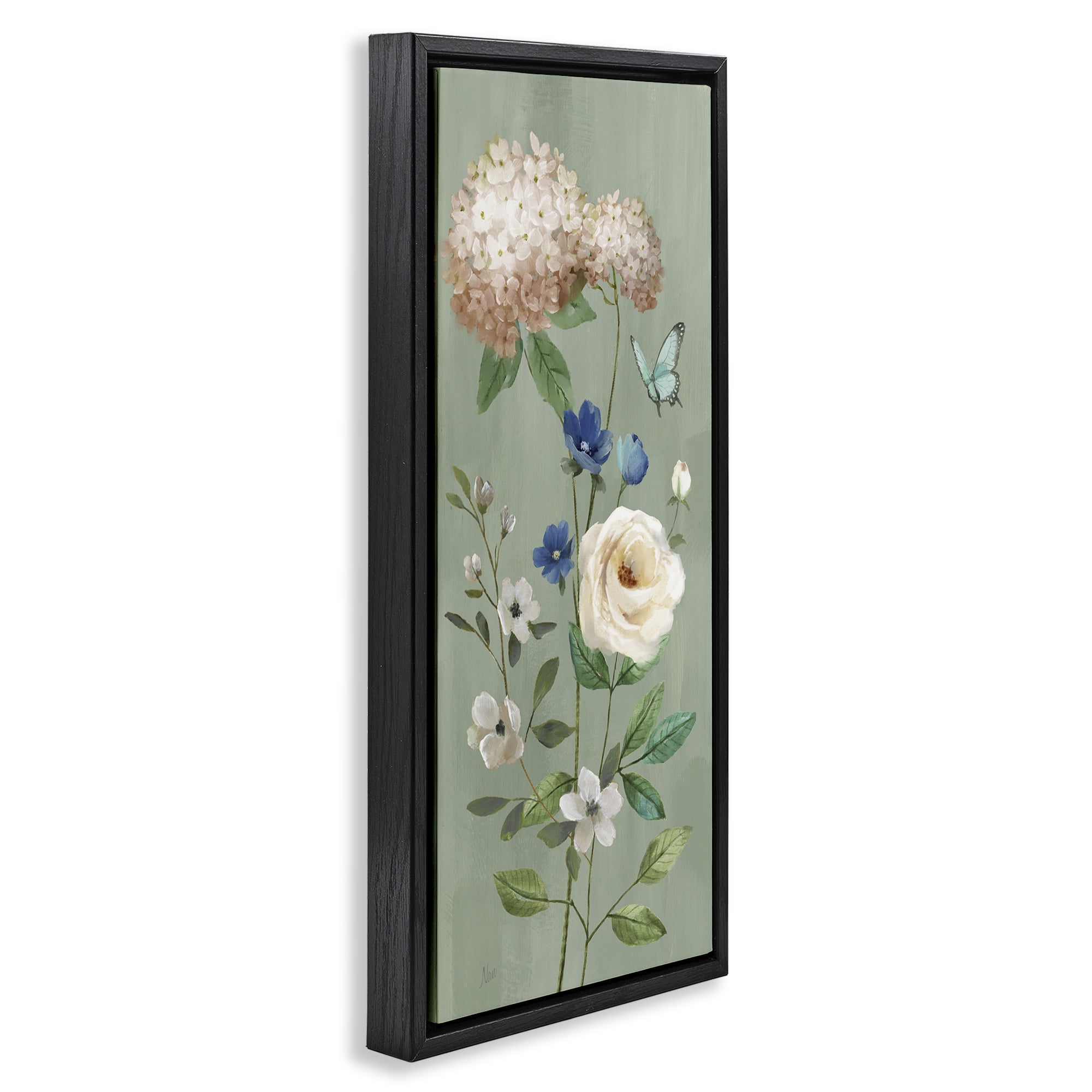 Stupell Industries Hydrangea & Rose with Butterfly Black Framed Floater Canvas Wall Art, design by Nan