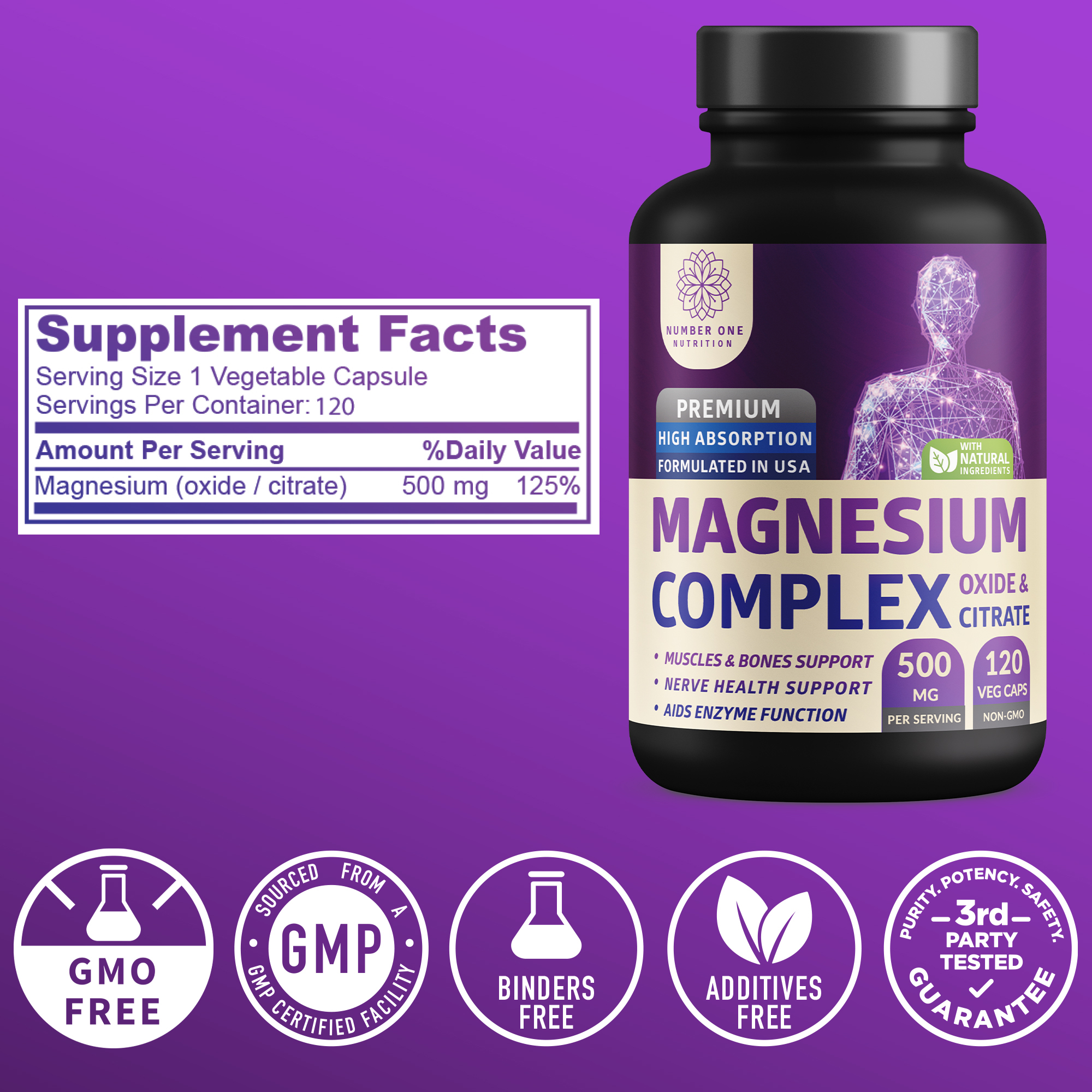 Magnesium Complex with Oxide and Citrate for Muscle and Bone Support, 120 Veg Capsules