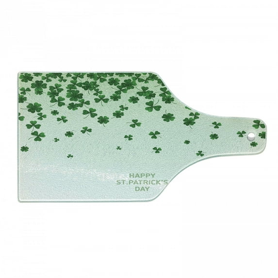 Clover Cutting Board, Happy St Patrick's Day Typography and Luck Spreading Shamrocks, Decorative Tempered Glass Cutting and Serving Board, in 3 Sizes, by Ambesonne