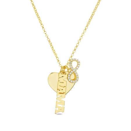 Heart Dangle Necklace (Lesa Michele Cubic Zirconia Mama and Heart Charm Dangle Necklace in Yellow Gold Plated Sterling)