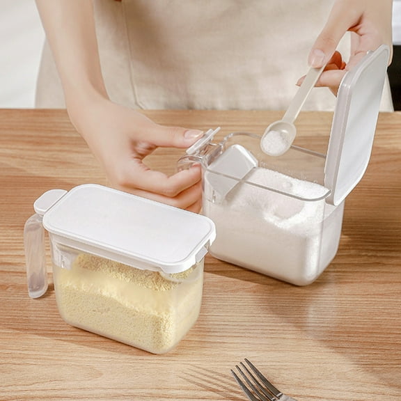 Seasoning Box with Spoons, White or Gray Sugar Jar with Lid, 14.7x9.5x6.8cm Airtight Kitchen Storage Containers for Spices & Powder, Non-slip Base & Easy-pour Spout for Home Cooks &