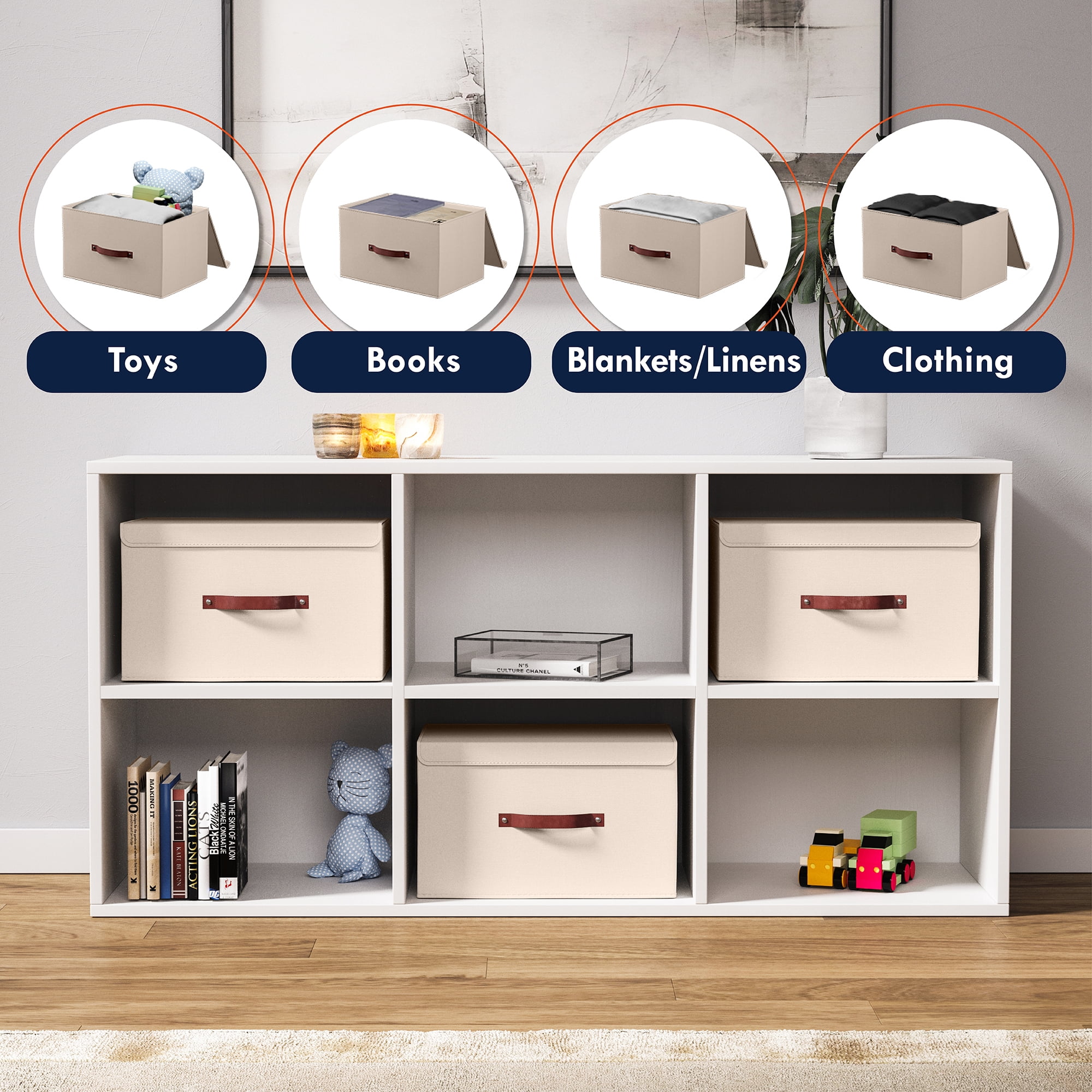 Ornavo Home Foldable Collapsible Large Storage Box Bins Linen Fabric Shelf Basket Cube Organizer with Leather Handles and Lid - Set of 6 - 15 x 10 x 9