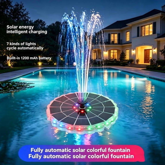 HBYJLZYG Automatic Solar Fountain Pump with RGB Lights, 6 Spray Patterns, Wireless Floating Water Feature for Patio, Pool, Pond, Garden Decor