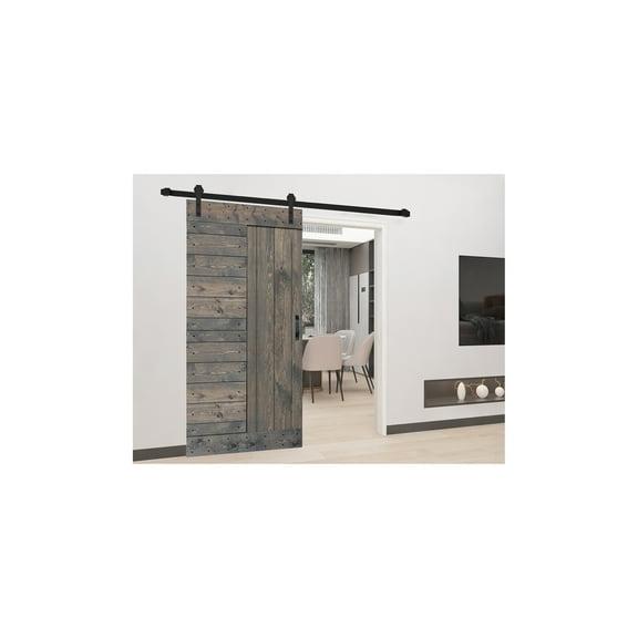L Series 42in. X 84in. Smoky Gray Finished DIY Knotty Pine Wood Sliding Barn Door With Hardware Kit